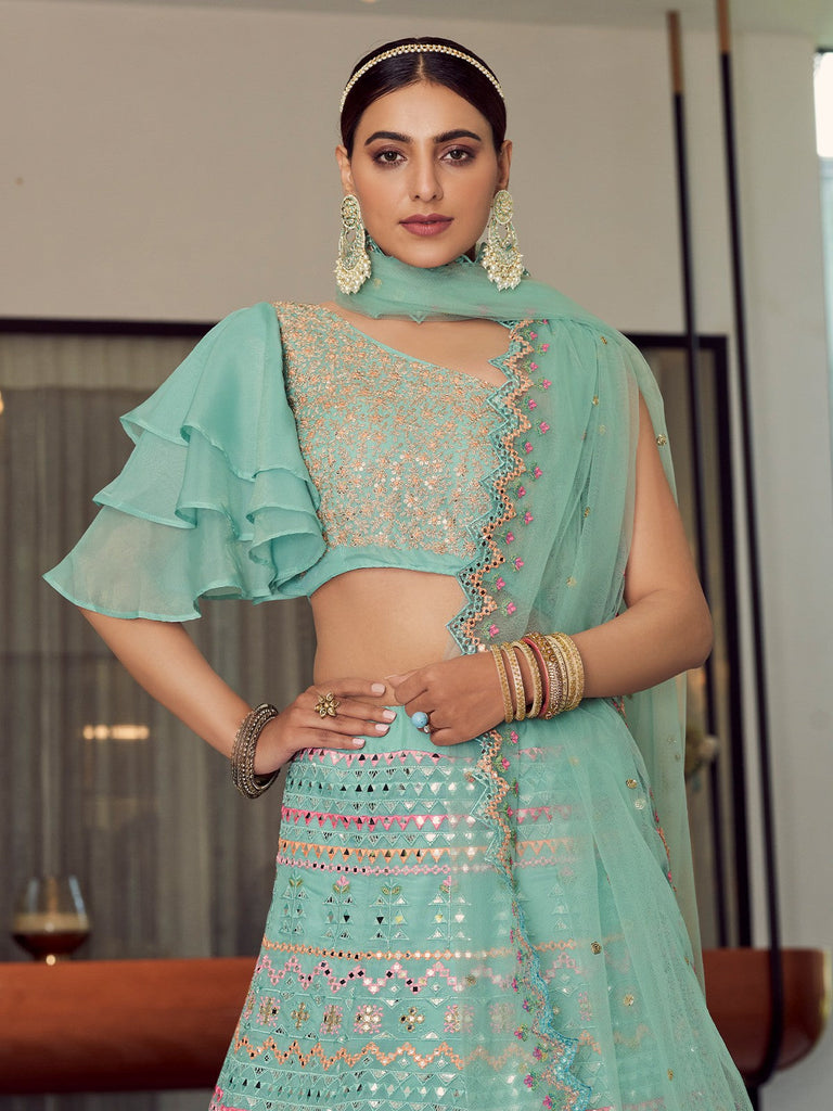 Sea Green Stunning Semi Stitched Lehenga With  Unstitched Blouse Clothsvilla