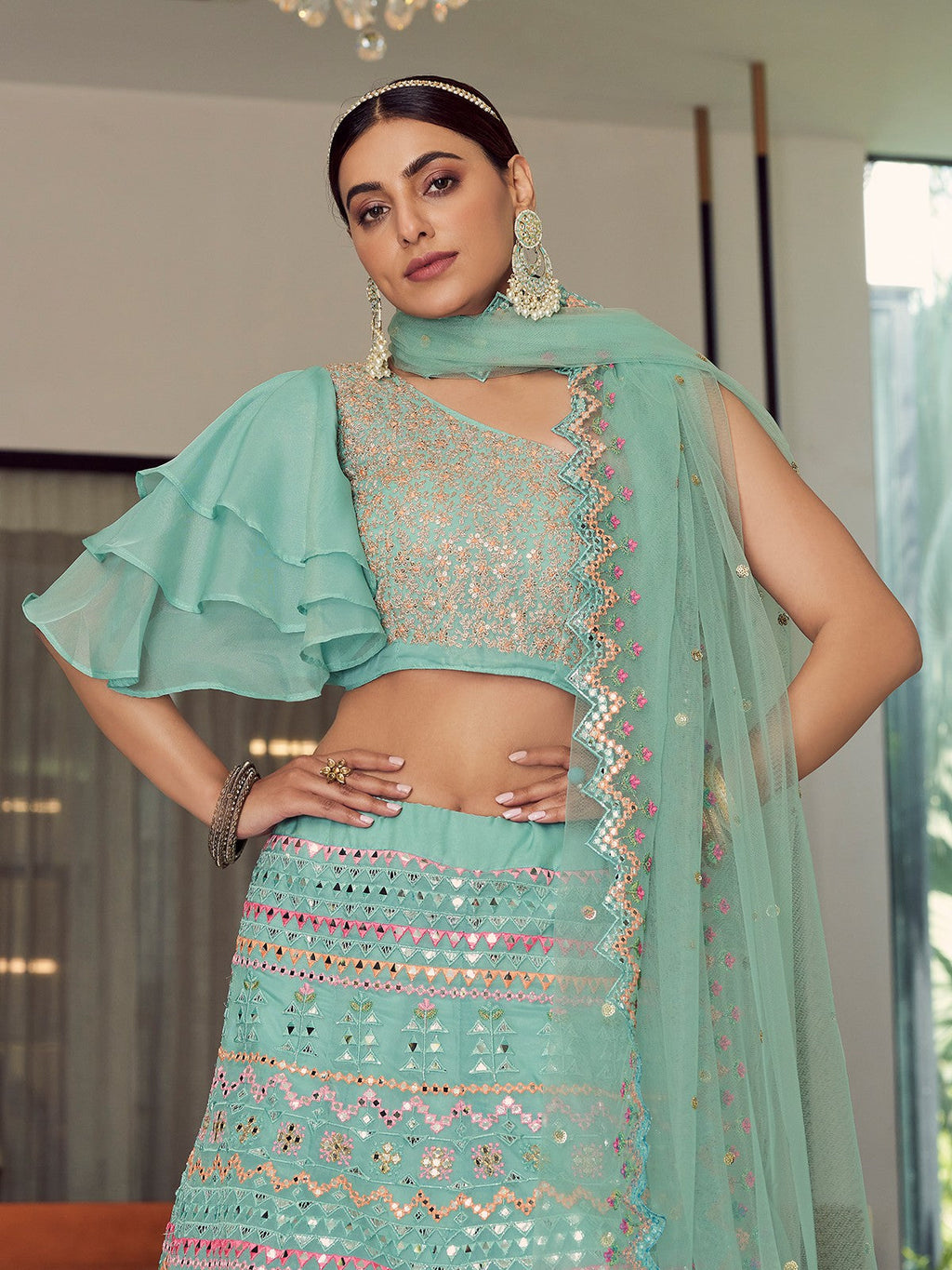 Sea Green Stunning Semi Stitched Lehenga With  Unstitched Blouse Clothsvilla