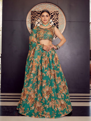 Green Organza Semi Stitched Lehenga With  Unstitched Blouse Clothsvilla
