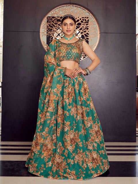 Green Organza Semi Stitched Lehenga With  Unstitched Blouse Clothsvilla Main image