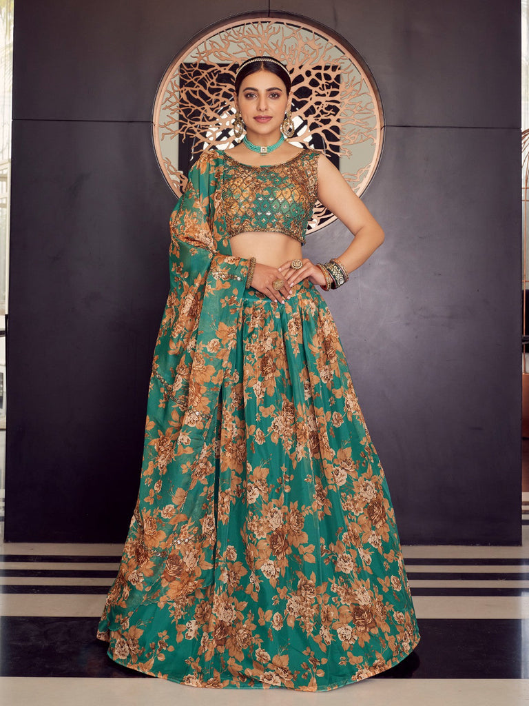 Green Organza Semi Stitched Lehenga With  Unstitched Blouse Clothsvilla