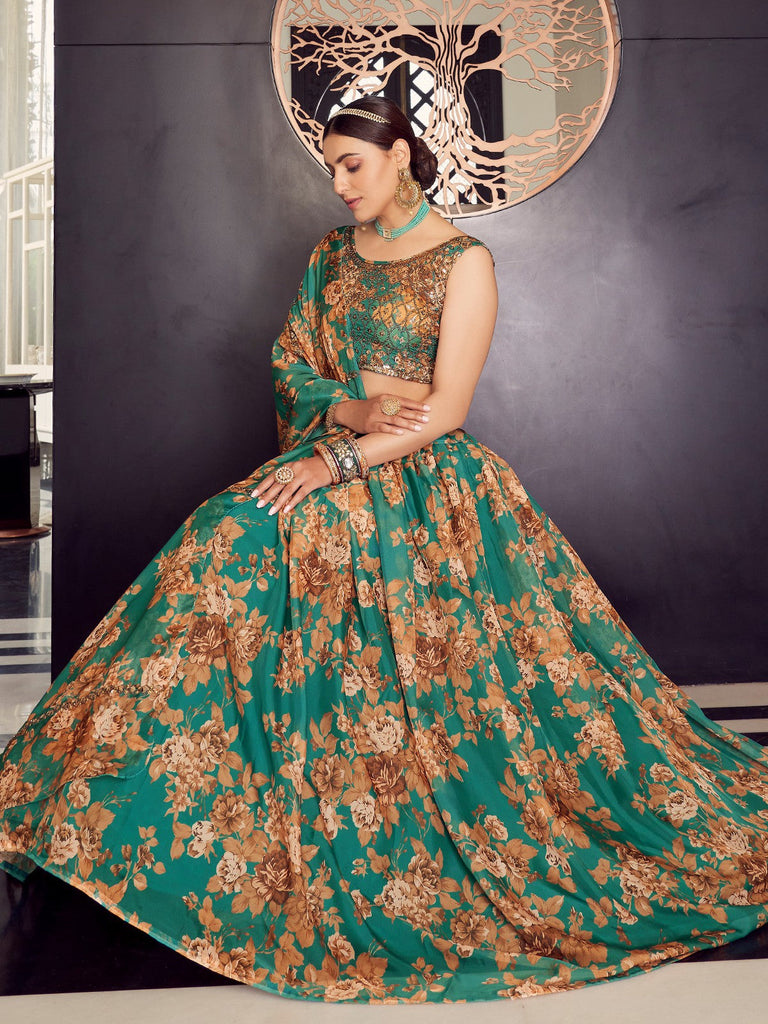 Green Organza Semi Stitched Lehenga With  Unstitched Blouse Clothsvilla