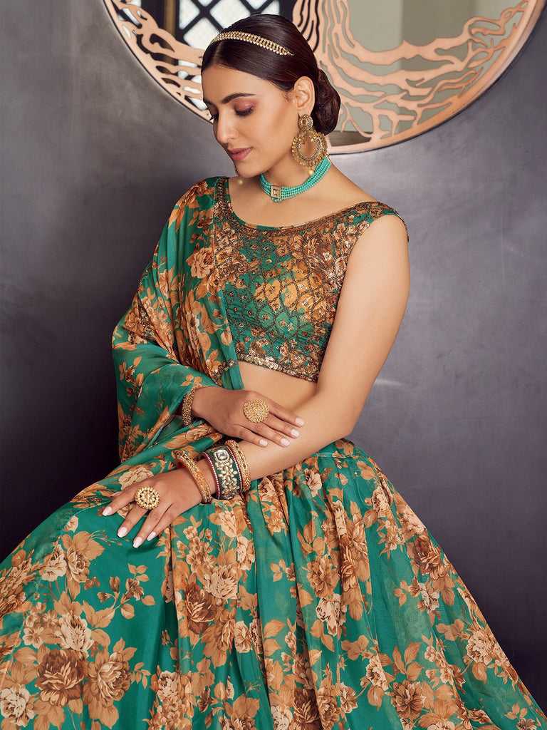 Green Organza Semi Stitched Lehenga With  Unstitched Blouse Clothsvilla