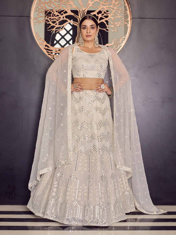 Designer White Semi Stitched Lehenga With  Unstitched Blouse Clothsvilla