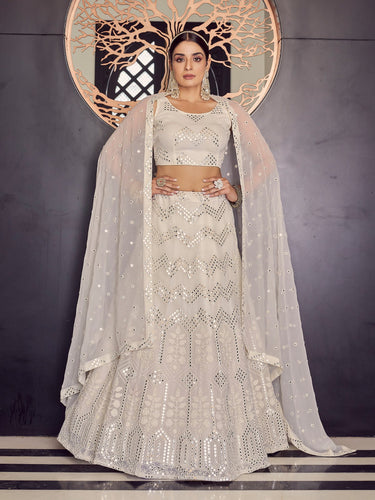 Designer White Semi Stitched Lehenga With  Unstitched Blouse Clothsvilla