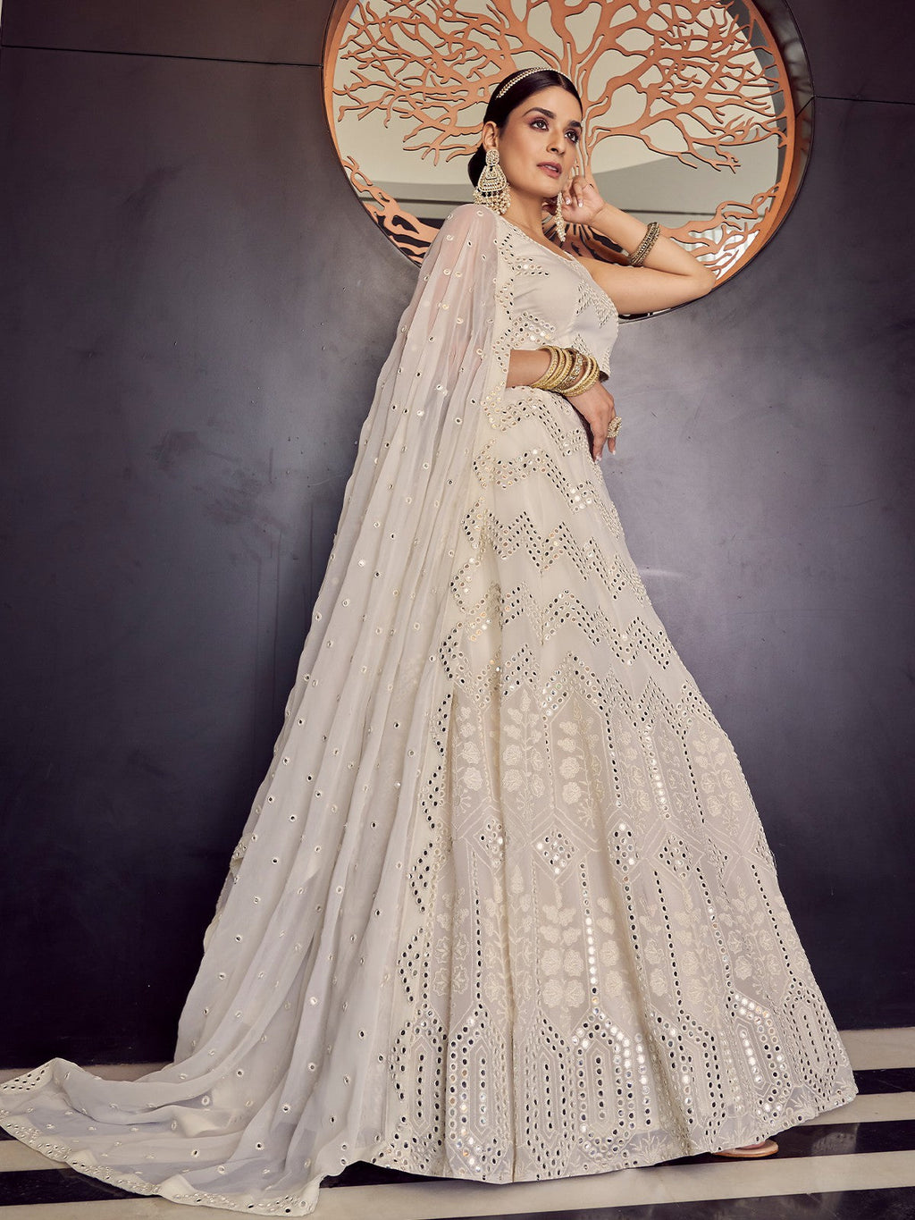 Designer White Semi Stitched Lehenga With  Unstitched Blouse Clothsvilla
