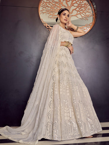 Designer White Semi Stitched Lehenga With  Unstitched Blouse Clothsvilla