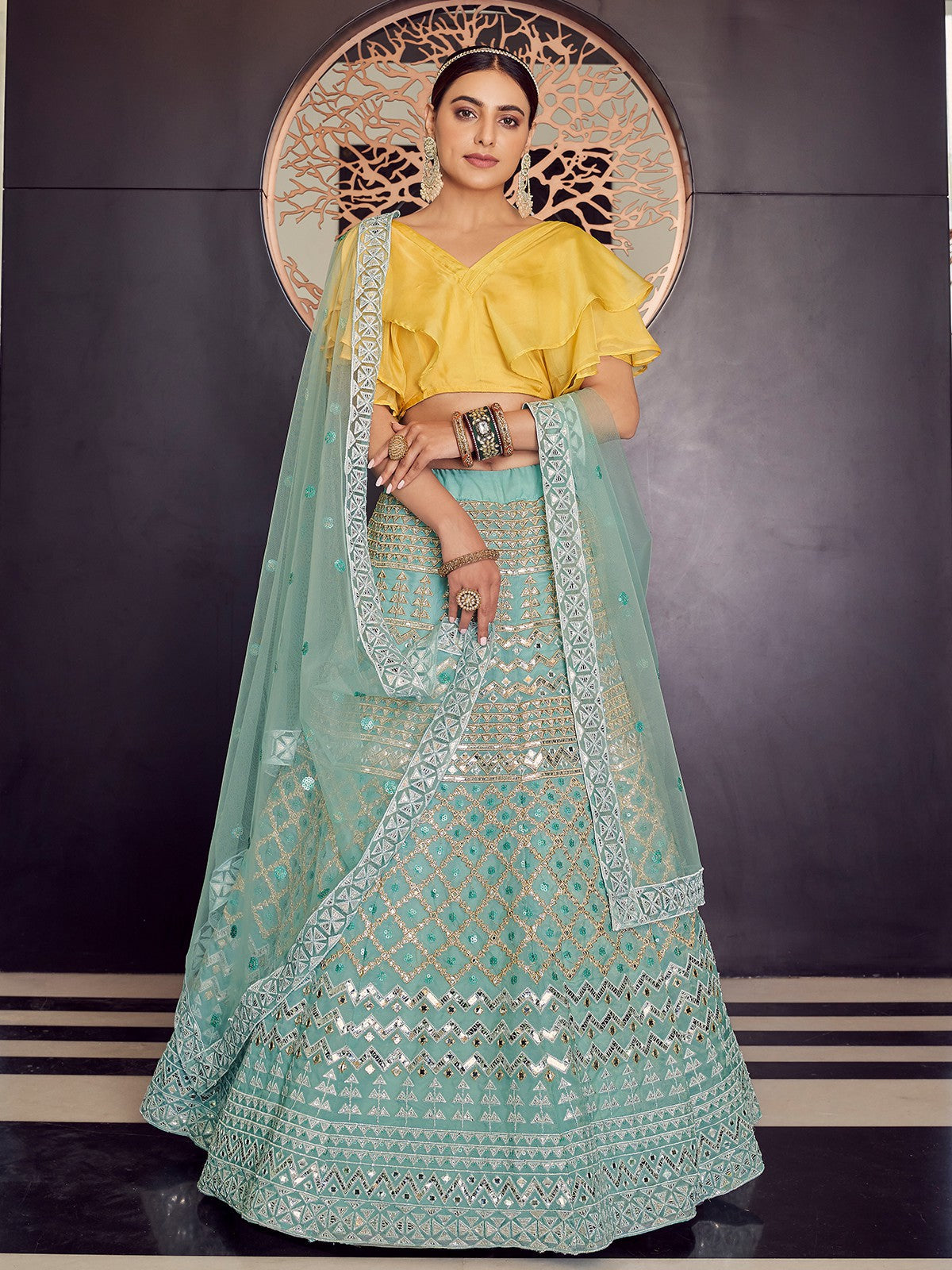 Sea Green Stunning Semi Stitched Lehenga With  Unstitched Blouse Clothsvilla Main image