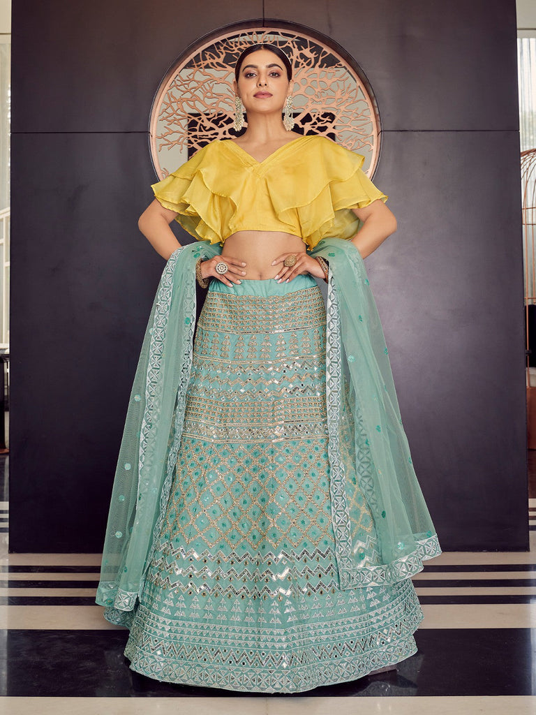 Sea Green Stunning Semi Stitched Lehenga With  Unstitched Blouse Clothsvilla