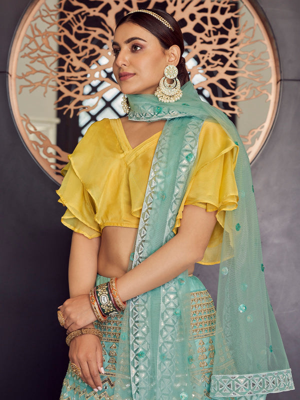 Sea Green Stunning Semi Stitched Lehenga With  Unstitched Blouse Clothsvilla