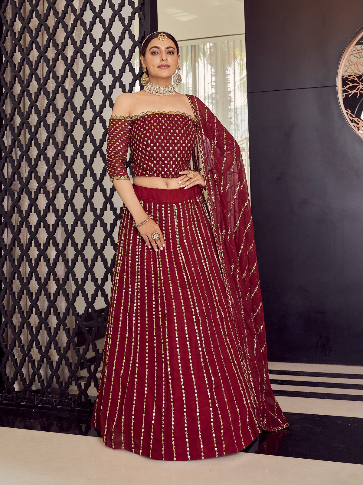 Georgette  Maroon  Semi Stitched Lehenga With  Unstitched Blouse Clothsvilla Main image