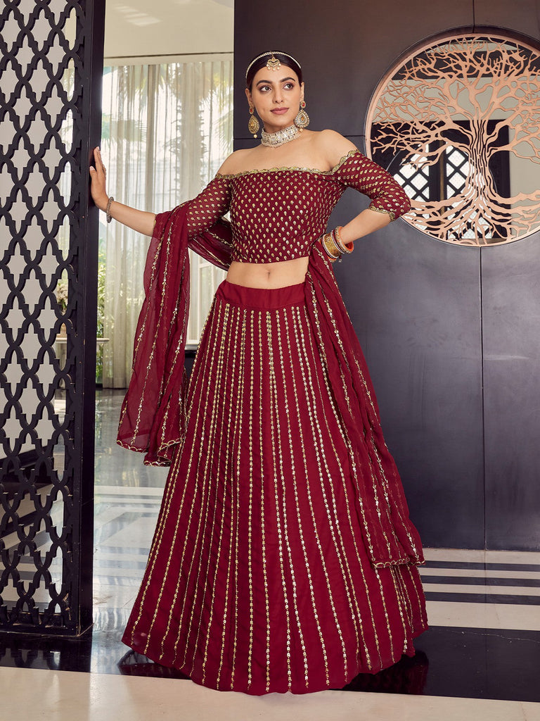 Georgette  Maroon  Semi Stitched Lehenga With  Unstitched Blouse Clothsvilla