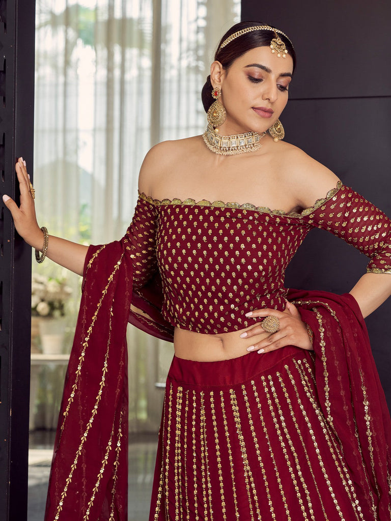 Georgette  Maroon  Semi Stitched Lehenga With  Unstitched Blouse Clothsvilla