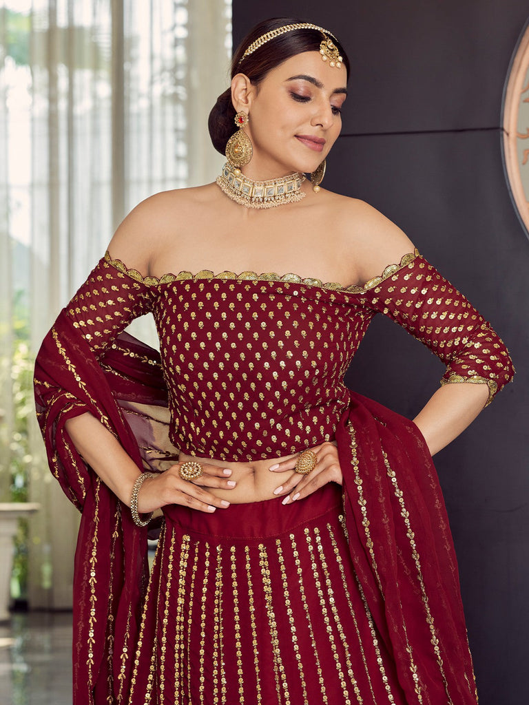 Georgette  Maroon  Semi Stitched Lehenga With  Unstitched Blouse Clothsvilla