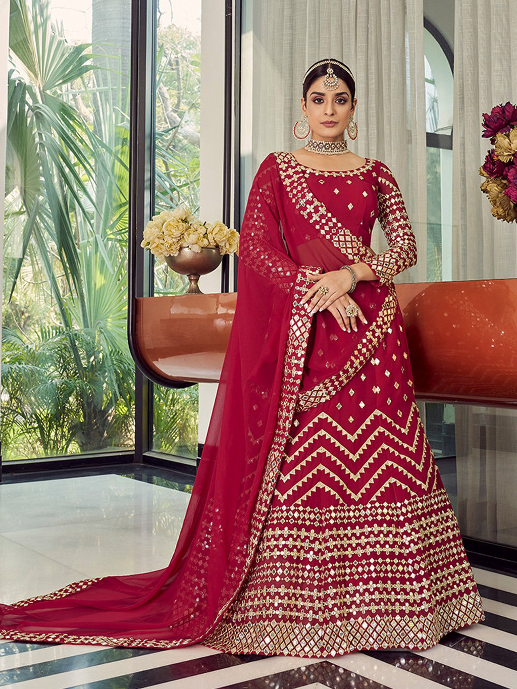 Red Elegant  Semi Stitched Lehenga With  Unstitched Blouse Clothsvilla