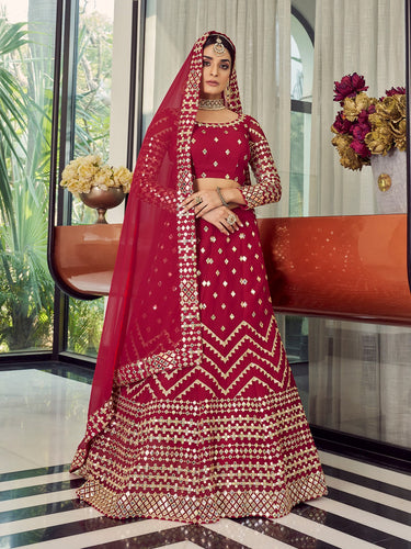 Red Elegant  Semi Stitched Lehenga With  Unstitched Blouse Clothsvilla