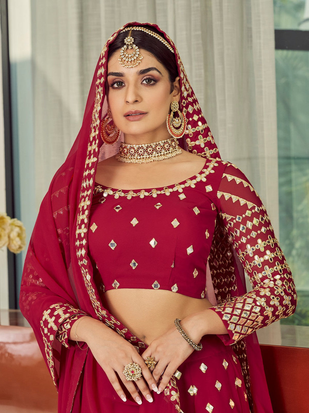 Red Elegant  Semi Stitched Lehenga With  Unstitched Blouse Clothsvilla