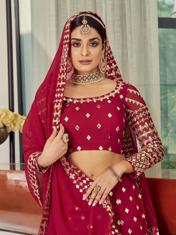 Red Elegant  Semi Stitched Lehenga With  Unstitched Blouse Clothsvilla