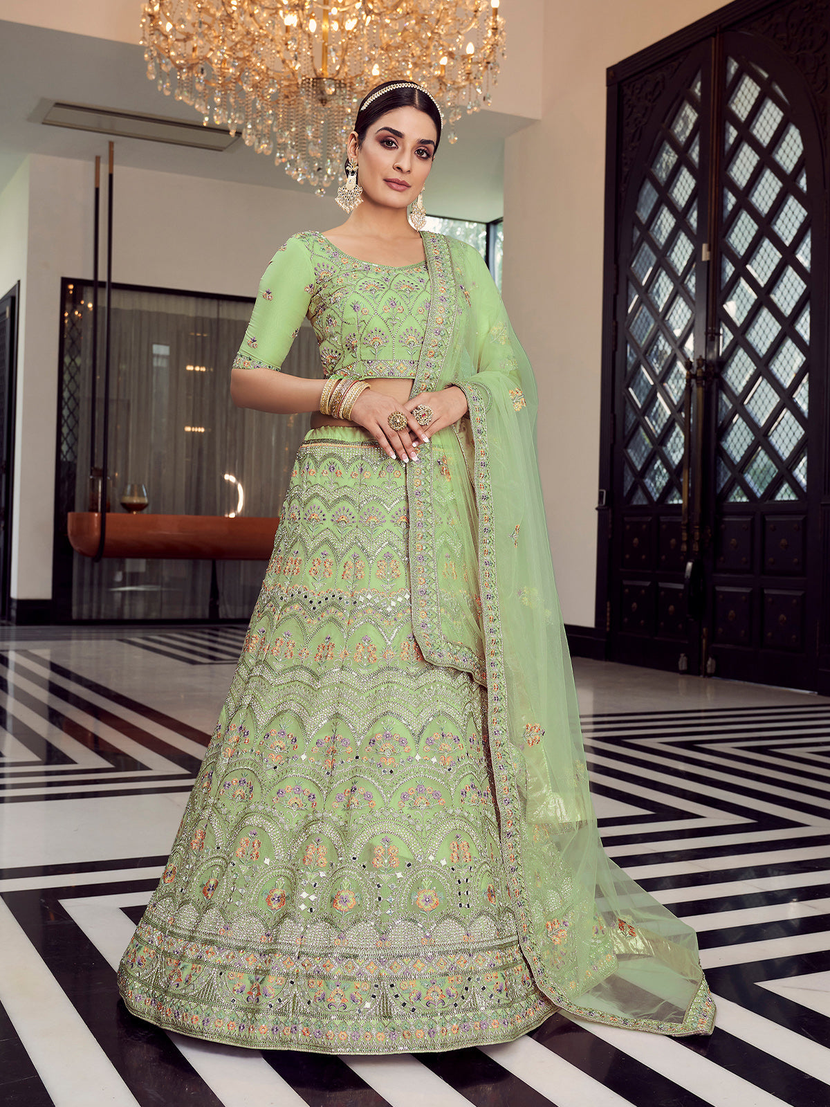 Green Embroidered Organza Semi Stitched Lehenga With Unstitched Blouse Clothsvilla Main image