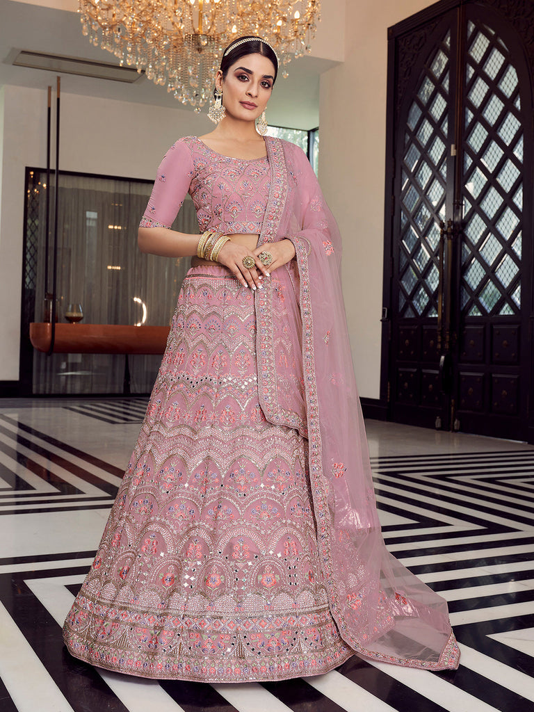 Pink Embroidered Organza Semi Stitched Lehenga With Unstitched Blouse Clothsvilla