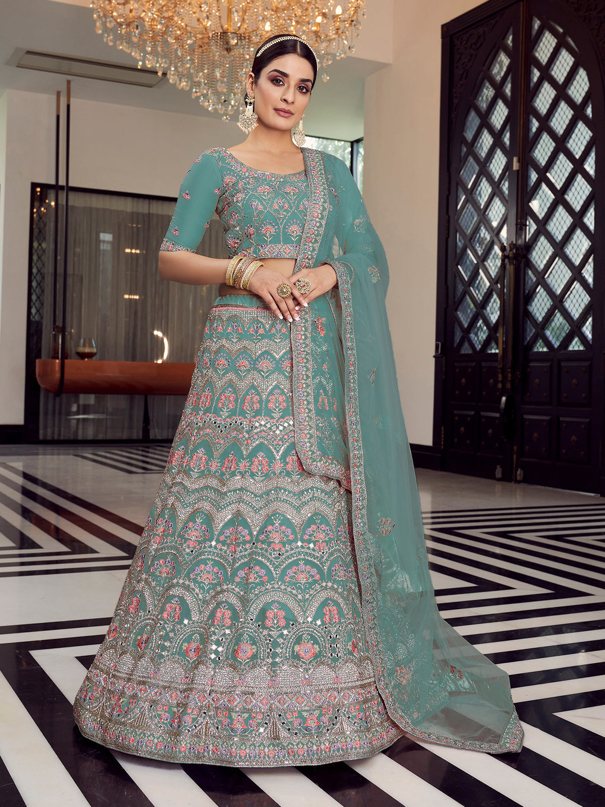 Sea Green Organza Semi Stitched Lehenga With Unstitched Blouse Clothsvilla