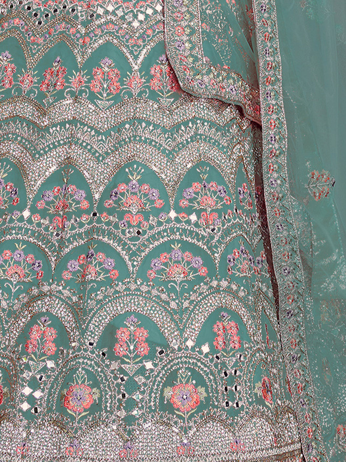 Sea Green Organza Semi Stitched Lehenga With Unstitched Blouse Clothsvilla