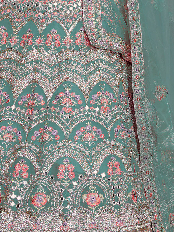 Sea Green Organza Semi Stitched Lehenga With Unstitched Blouse Clothsvilla