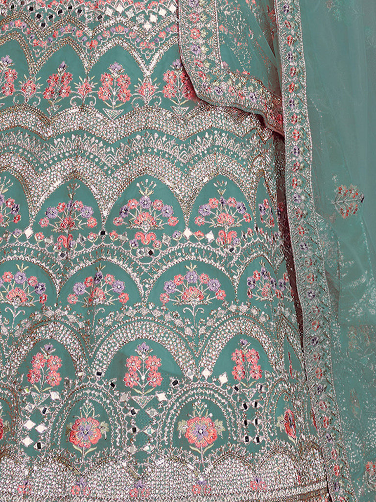 Sea Green Organza Semi Stitched Lehenga With Unstitched Blouse Clothsvilla