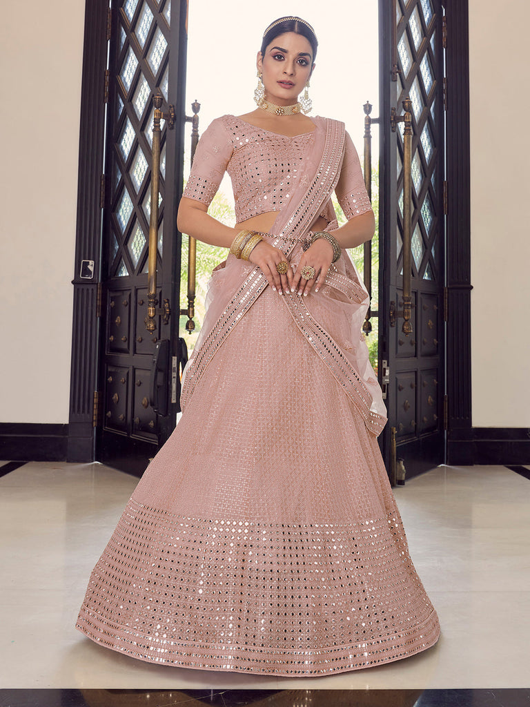 Peach Embroidered Georgette Semi Stitched Lehenga With Unstitched Blouse Clothsvilla