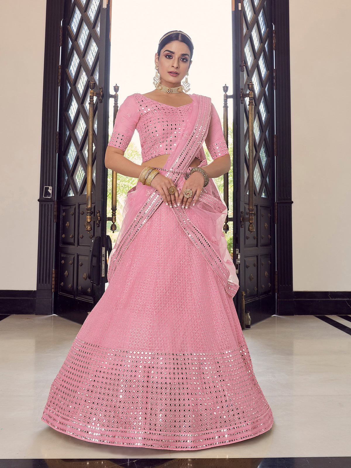 Pink Embroidered Georgette Semi Stitched Lehenga With Unstitched Blouse Clothsvilla Main image