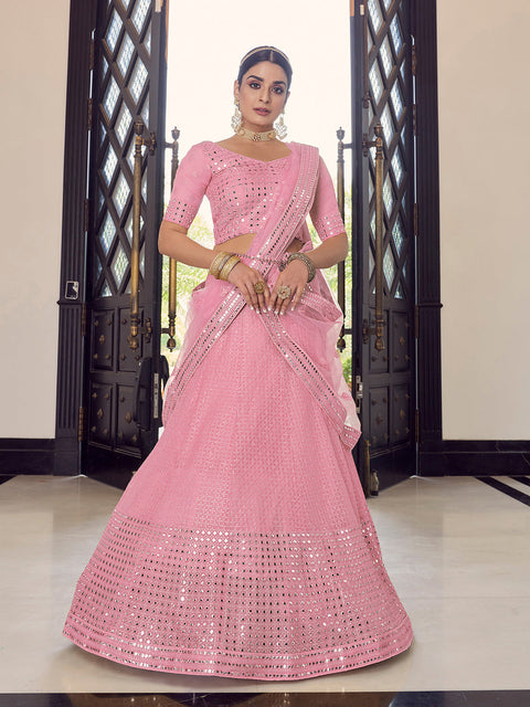 Pink Embroidered Georgette Semi Stitched Lehenga With Unstitched Blouse Clothsvilla Main image