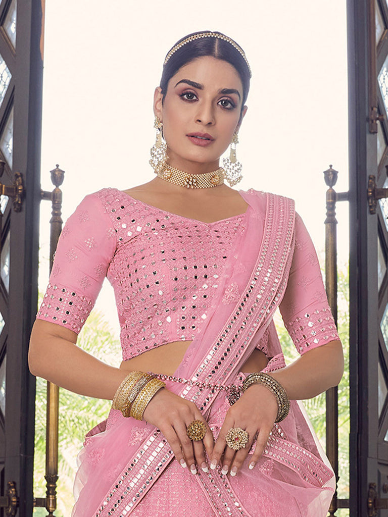 Pink Embroidered Georgette Semi Stitched Lehenga With Unstitched Blouse Clothsvilla