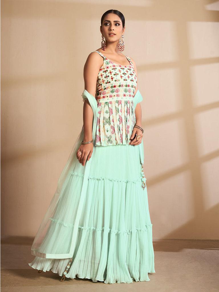 Sea Green Embroidered Georgette Semi Stitched Lehenga With Unstitched Blouse Clothsvilla