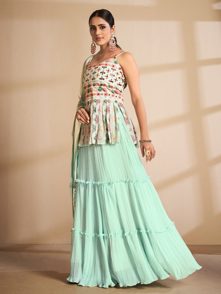 Sea Green Embroidered Georgette Semi Stitched Lehenga With Unstitched Blouse Clothsvilla