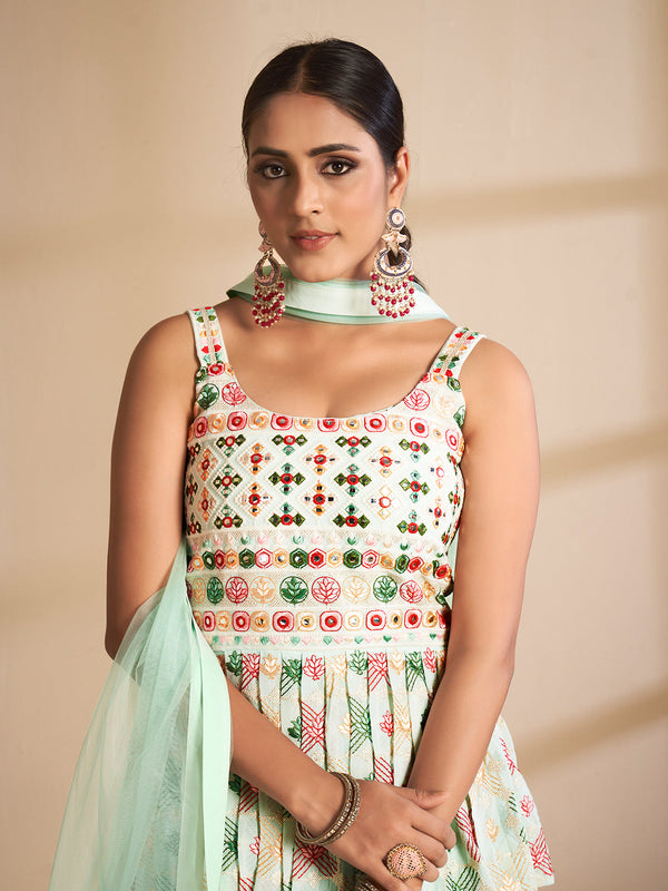 Sea Green Embroidered Georgette Semi Stitched Lehenga With Unstitched Blouse Clothsvilla