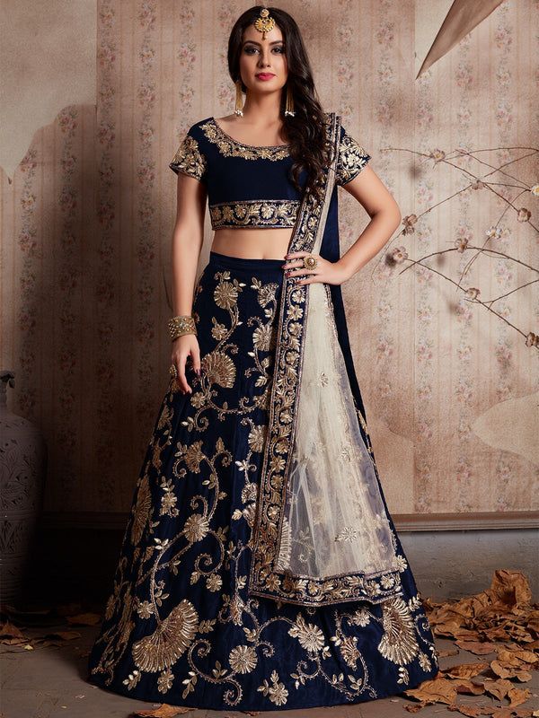 Dark Blue Embroidered Semi Stitched Lehenga With Unstitched Blouse Clothsvilla