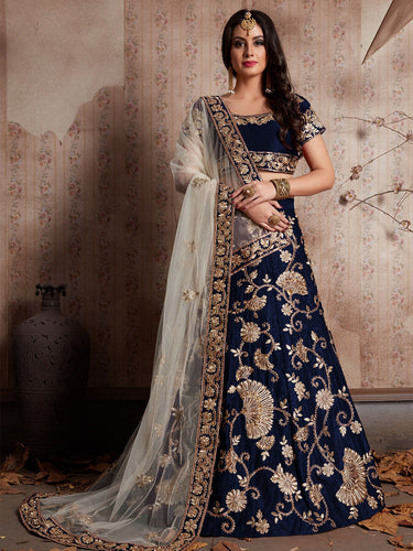Dark Blue Embroidered Semi Stitched Lehenga With Unstitched Blouse Clothsvilla