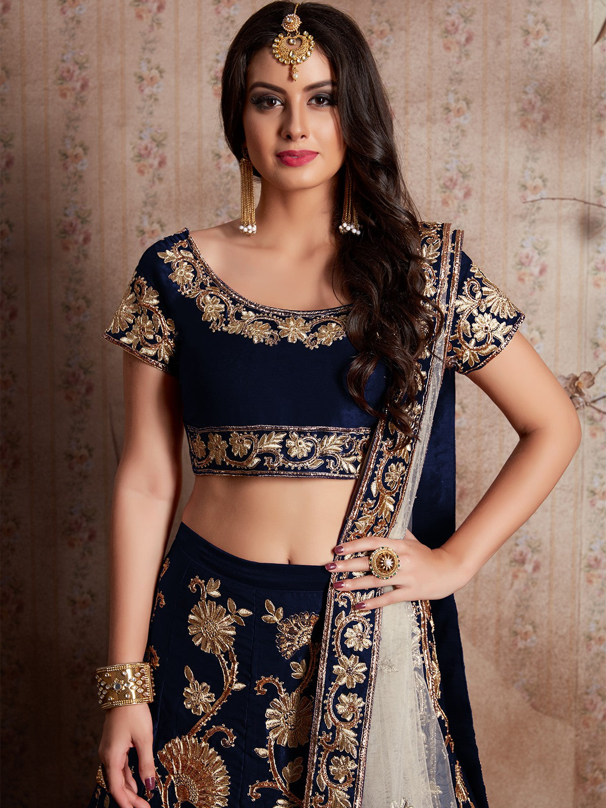 Dark Blue Embroidered Semi Stitched Lehenga With Unstitched Blouse Clothsvilla