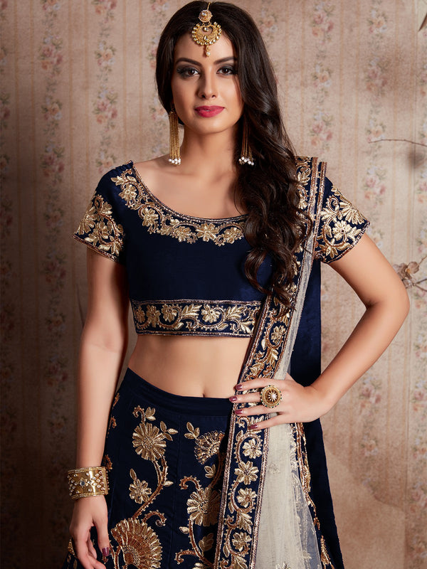 Dark Blue Embroidered Semi Stitched Lehenga With Unstitched Blouse Clothsvilla