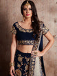 Load image into Gallery viewer, Dark Blue Embroidered Semi Stitched Lehenga With Unstitched Blouse Clothsvilla