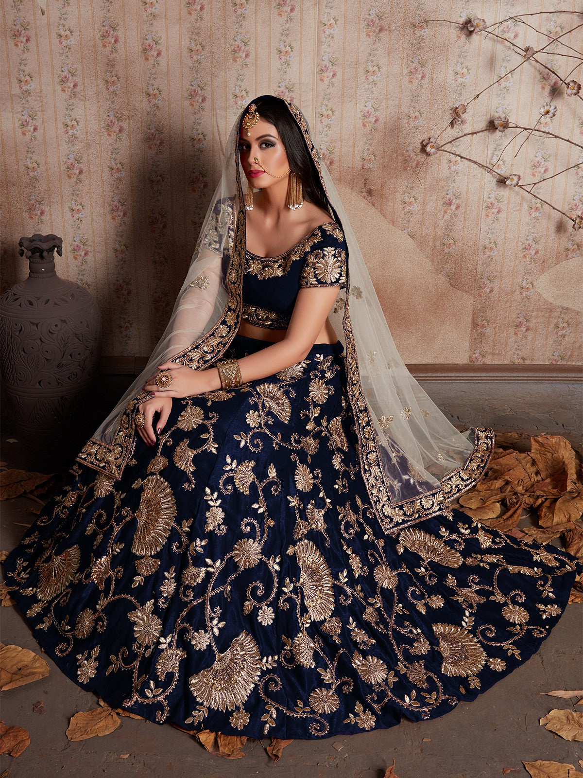 Dark Blue Embroidered Semi Stitched Lehenga With Unstitched Blouse Clothsvilla