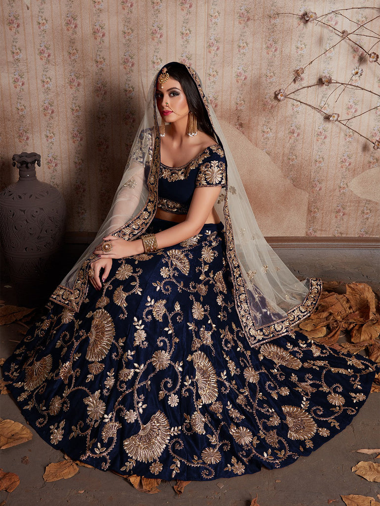 Dark Blue Embroidered Semi Stitched Lehenga With Unstitched Blouse Clothsvilla