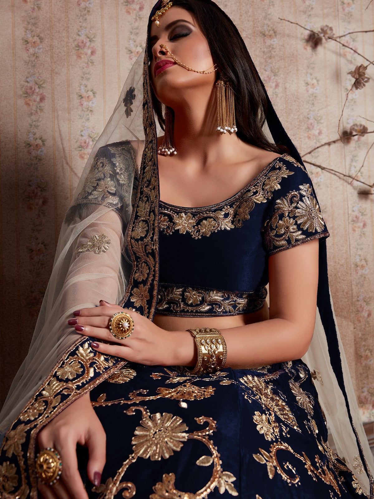 Dark Blue Embroidered Semi Stitched Lehenga With Unstitched Blouse Clothsvilla