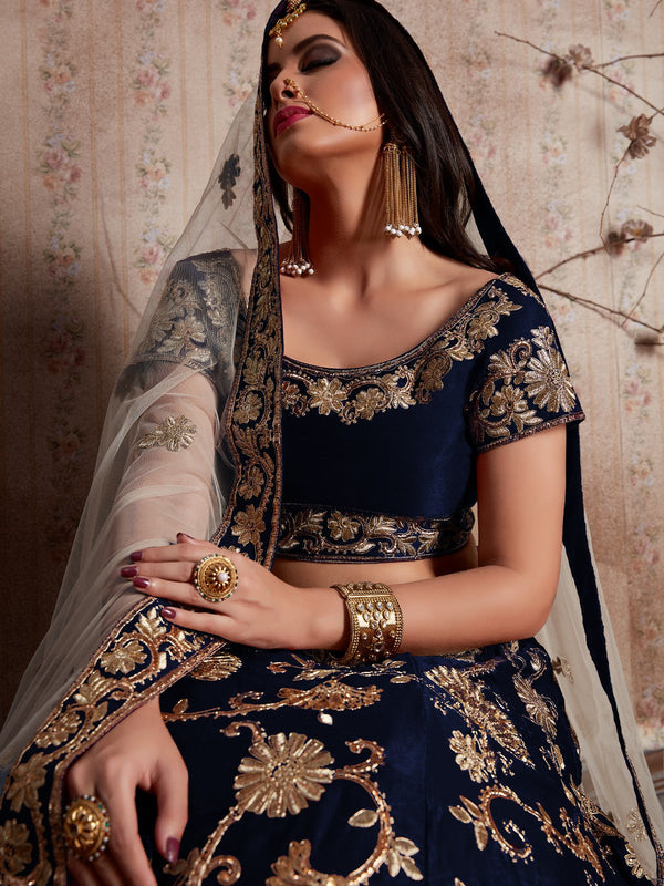 Dark Blue Embroidered Semi Stitched Lehenga With Unstitched Blouse Clothsvilla