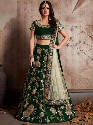 Dark Green Embroidered Semi Stitched Lehenga With Unstitched Blouse Clothsvilla