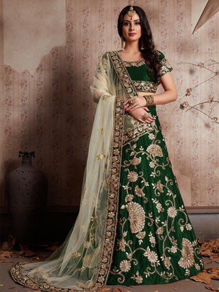 Dark Green Embroidered Semi Stitched Lehenga With Unstitched Blouse Clothsvilla