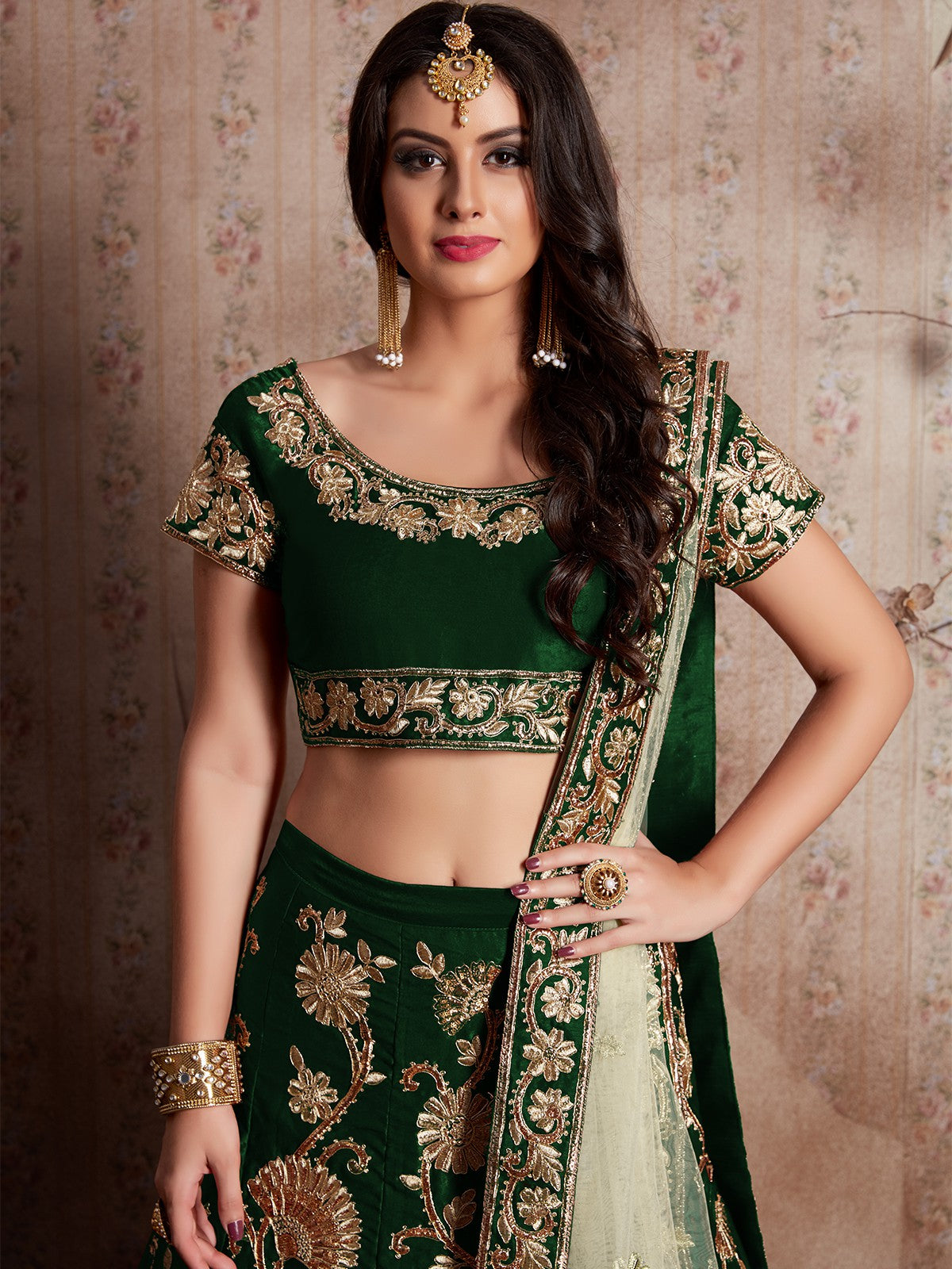 Dark Green Embroidered Semi Stitched Lehenga With Unstitched Blouse Clothsvilla