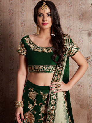 Dark Green Embroidered Semi Stitched Lehenga With Unstitched Blouse Clothsvilla