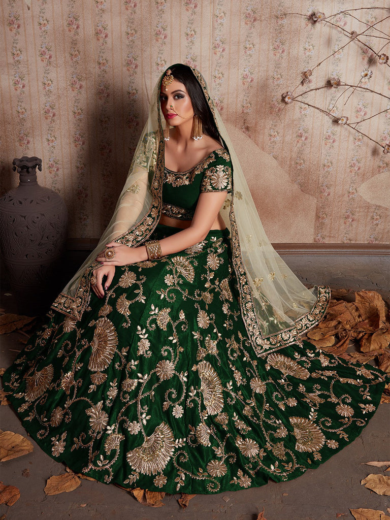 Dark Green Embroidered Semi Stitched Lehenga With Unstitched Blouse Clothsvilla