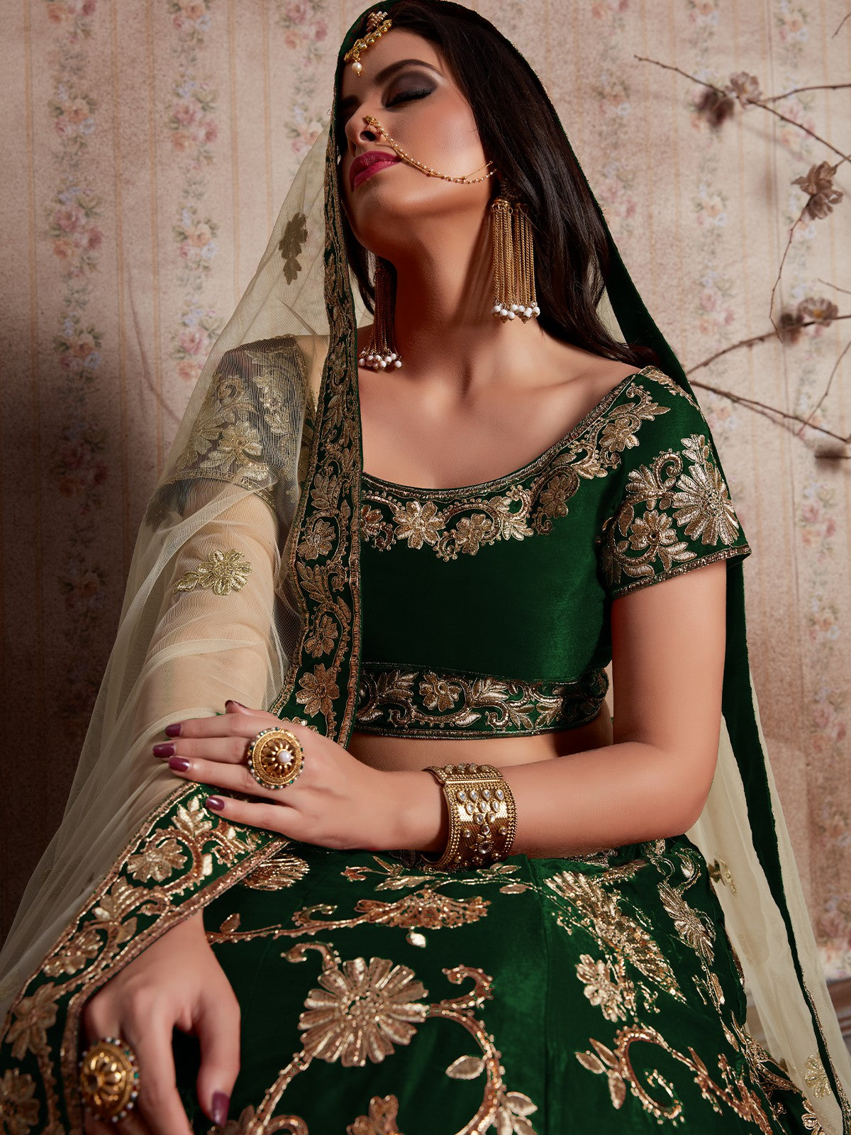 Dark Green Embroidered Semi Stitched Lehenga With Unstitched Blouse Clothsvilla
